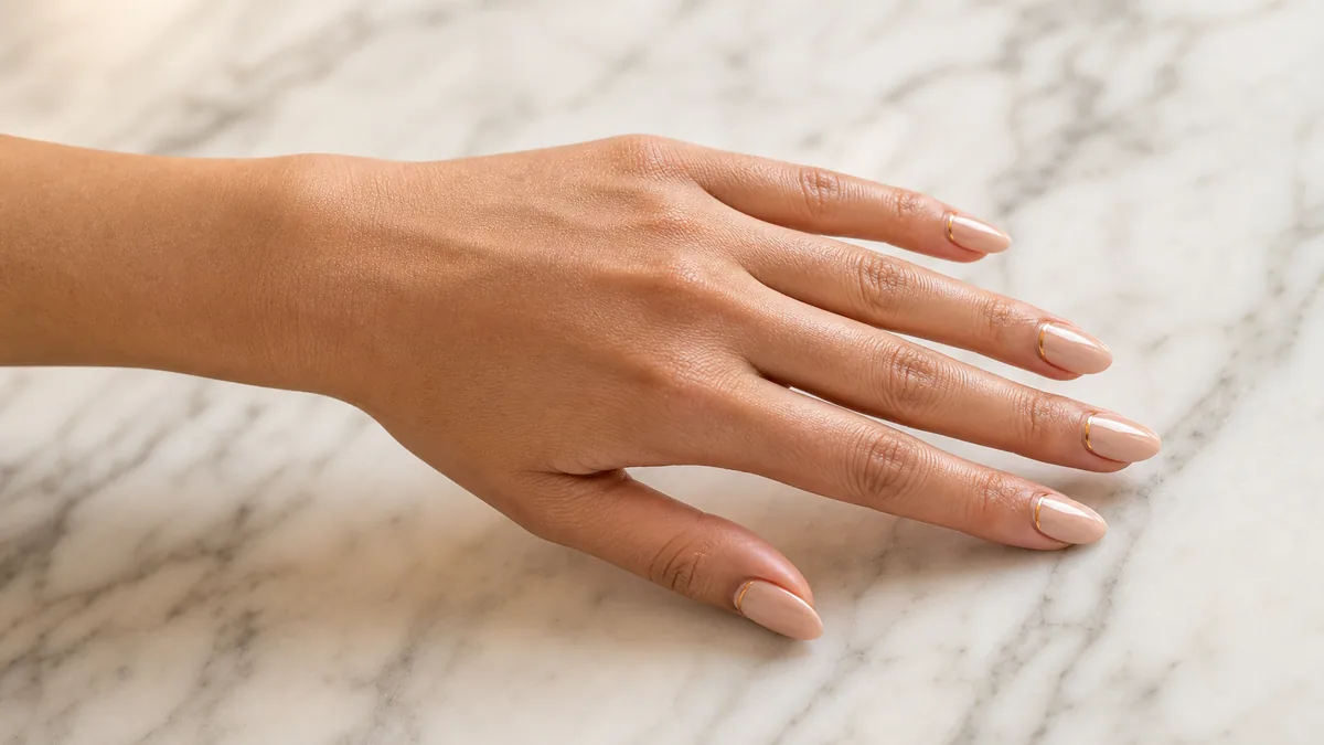 Single left hand with warm nude nails and thin gold cuff lines palm down on white marble surface