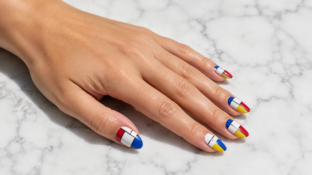 Single left hand with medium almond nails showing bold color-block abstract art panels in red blue and yellow on white marble