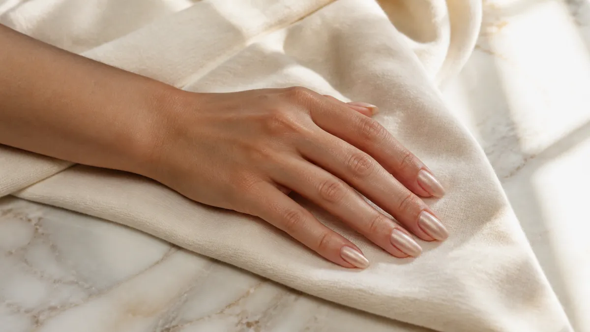 Single left hand with medium almond nails in sheer champagne satin resting palm down on cream cashmere over white marble