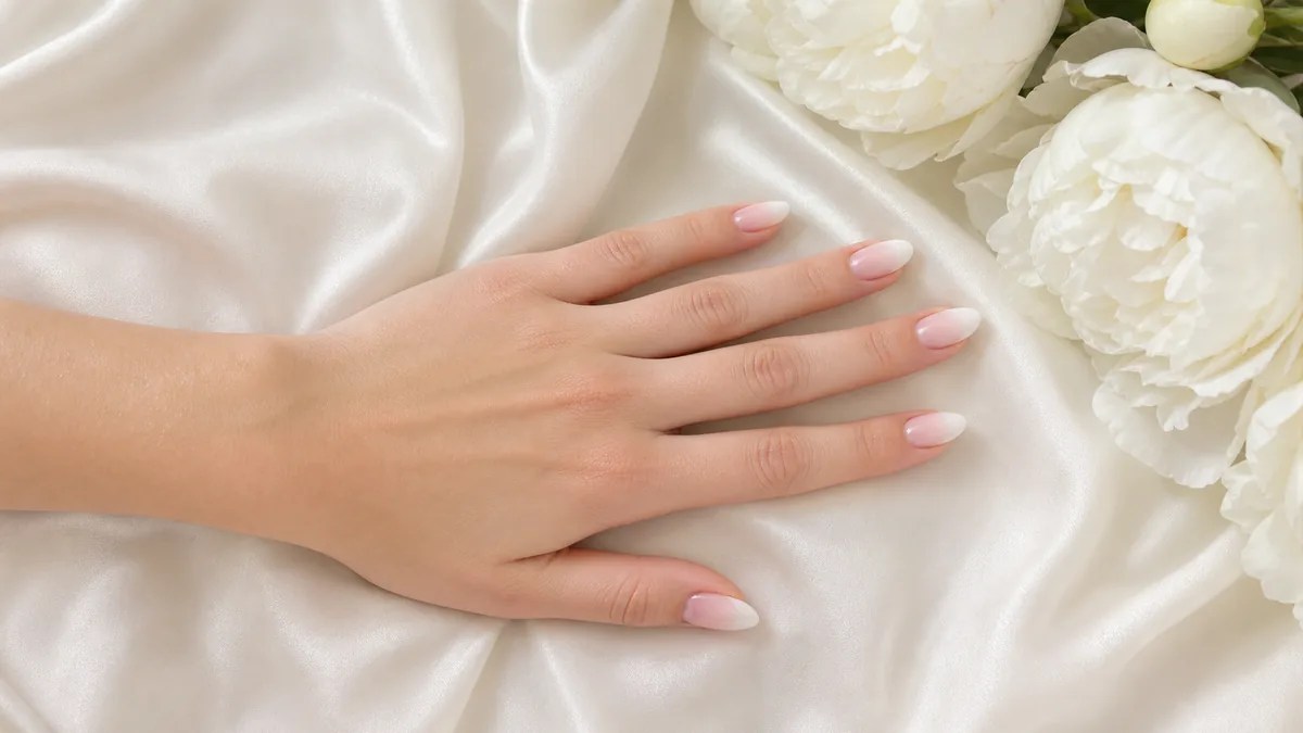 Single left hand with medium almond nails featuring pink-to-white ombre gradient palm down on ivory satin fabric beside white peonies